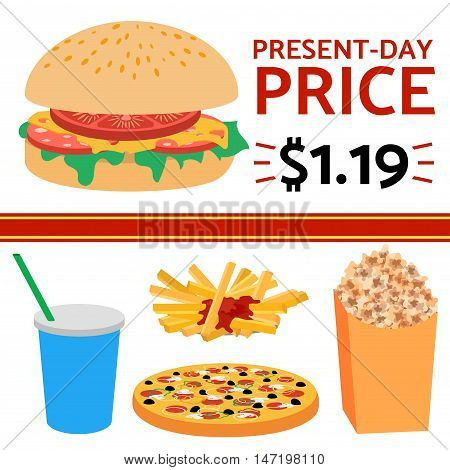 Healthy food flat icons of hamburger, pizza, french potato, popcorn, drink and oxygen cocktail on the white background. Restaurant fast food menu elements. Vector illustration