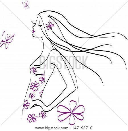 Beautiful girl with purple flowers and butterflies