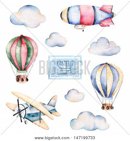 Watercolor collection with air balloons, clouds,airship and the plane in pastel colours.