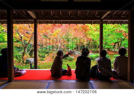 Tourists In Enkoji Temple With Fall Color