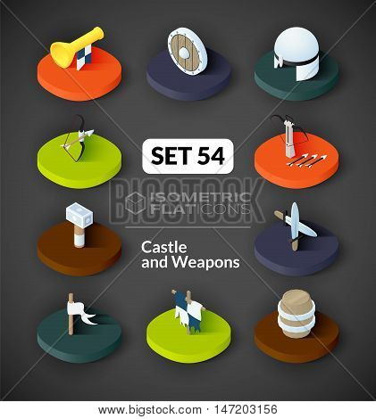 Isometric flat icons, 3D pictograms vector set 54 - Castle and weapons symbol collection