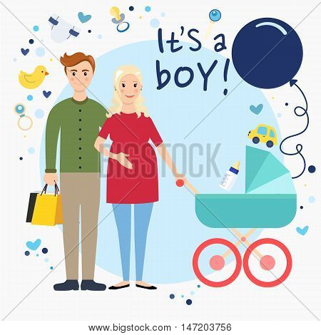 Happy young family waiting for a baby boy. All the newborn stuff: romper suit, cute toy, pacifier, dummy, carriage. Set of vector flat isolated colorful illustrations.