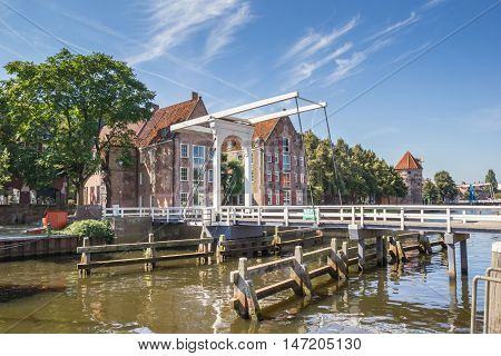 ZWOLLE, NETHERLANDS - AUGUST 31, 2016: White bridge Pelserbrugje over a canal in Zwolle, Holland