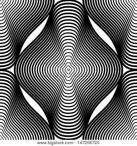 Continuous vector pattern with black graphic lines decorative abstract background with geometric figures. Monochrome ornamental seamless backdrop can be used for design and textile.