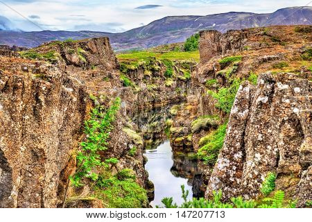 Water in a fissure between tectonic plates in the Thingvellir National Park - Iceland