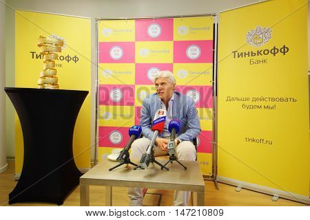 MOSCOW - JUN 03, 2015: Oleg Tinkoff is interviewed. Tinkoff Saxo bank - sponsor of Spanish team won cycling in Giro d Italia 2015
