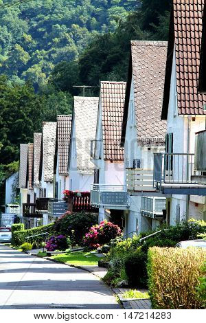 Row of traditional contiguous houses in german town.