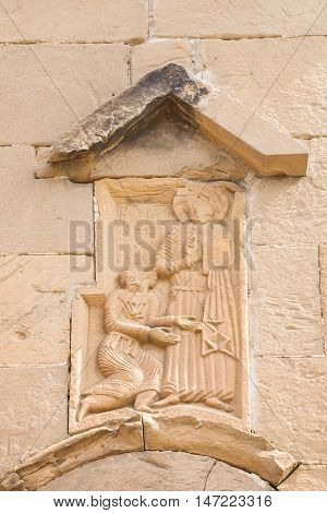 Mtskheta, Georgia. Close View Of Bas-Relief Ascension Of Christ At The Exterior Facade Of Ancient Jvari Monastery, Georgian Orthodox Church Of Holly Cross, World Heritage By Unesco.