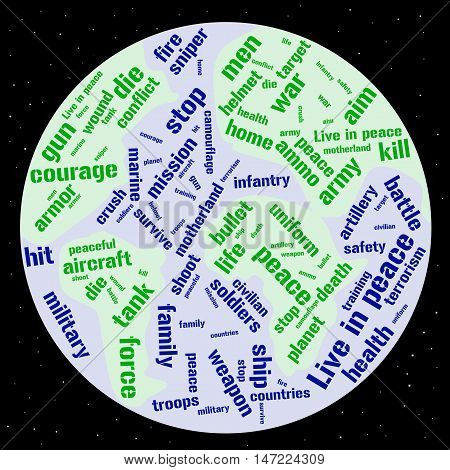 War and peace word cloud in shape of the Earth. Millitary concept. Vector illustration.
