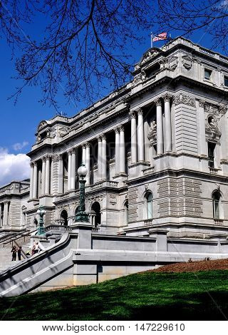Washington DC - April 9 2014: The 1897 beaux arts Jefferson Building's west front at the Library of Congress