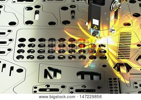 Laser cutting of metal sheet with sparks 3D rendering