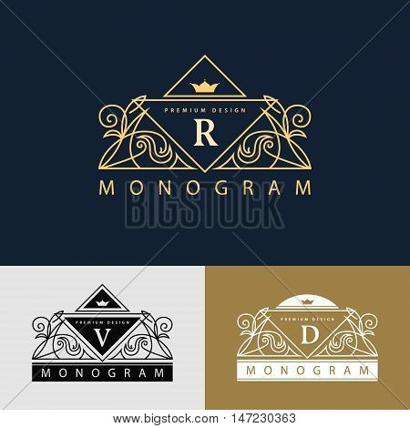 Vector illustration of Monogram design elements graceful template. Elegant line art logo design. Beautiful frame. Emblem letter R. V D for Restaurant Web design Boutique Hotel Heraldic Jewelry