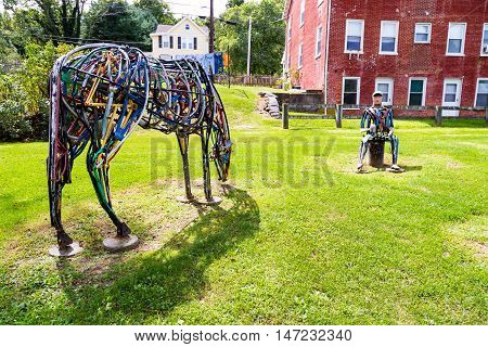 Hanover Junction PA - September 2 2016: A whimsical art sculpture located along a part of the York County Parks rail trail at the historic railroad station.