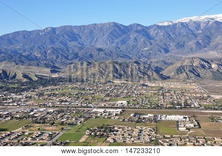 Aerial view of Banning, California which sits at the base of Mount San Gorgonio.