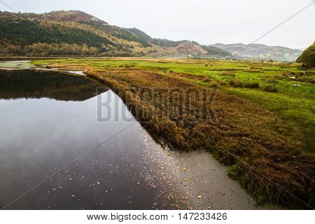 Evening light on the river Mawddach Penmaenpool near Dolgellau Wales United Kingdom