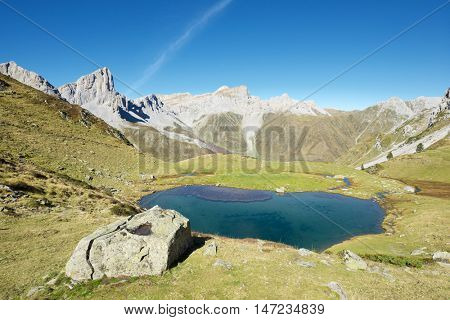 Peaks and Ansabere Lake. Lescun Cirque. Aspe Valley, Pyrenees, France.