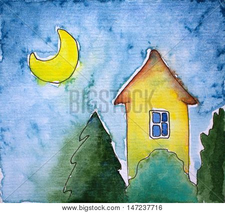 Watercolor illustration house and moon. Hand-painted picture for square postcard. Night landscape with cozy home. Fairy tale drawing with watercolour texture and ink outline. Nursery art poster