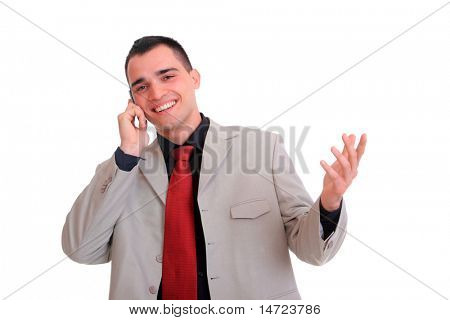 a telefon, elszigetelt fehér fiatal üzletember