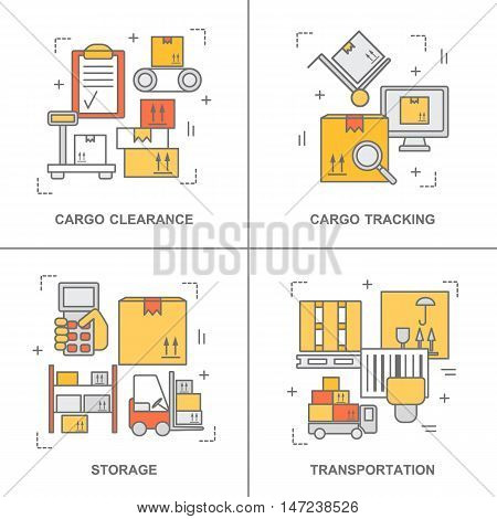 Thin line flat design banners for warehouse stock and industrial storage. Modern vector illustration concept, isolated on white.