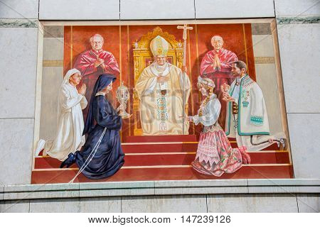 POLAND, KRAKOW - MAY 28, 2016: Sanctuary in Lagiewniki. Mural on the wall of the centre of Pope John Paul II. Millions of pilgrims from around the world visit it every year.