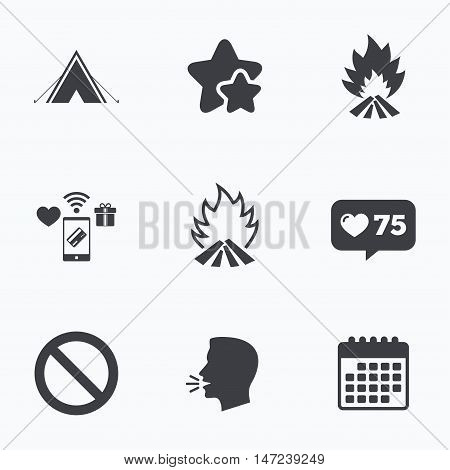 Tourist camping tent icon. Fire flame and stop prohibition sign symbols. Flat talking head, calendar icons. Stars, like counter icons. Vector