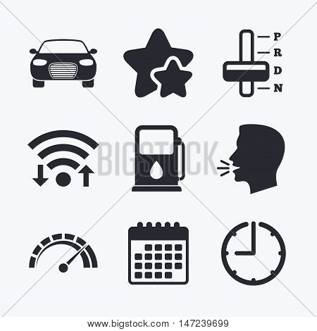 Transport icons. Car tachometer and automatic transmission symbols. Petrol or Gas station sign. Wifi internet, favorite stars, calendar and clock. Talking head. Vector