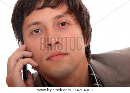 a telefon, elszigetelt fehér fiatal üzletember