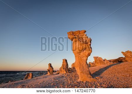 Raukars at the coast of the island Faro near Gotland in the Baltic sea of Sweden