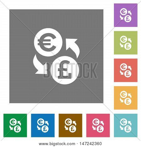 Euro Pound exchange flat icon set on color square background.