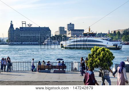 Istanbul Turkey - May 29 2016: The new ferry for Istanbul Kadikoy Pier. all designed by Turkish engineers manufactured in Ozata shipyard in Yalova and one of 3 million 373 thousand 500 euro cost of the ferry no balcony unlike the old ferry. The length of