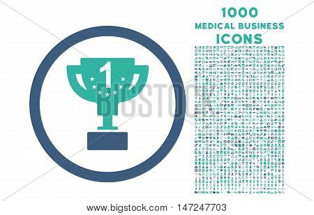 First Prize Cup rounded vector bicolor icon with 1000 medical business icons. Set style is flat pictograms, cobalt and cyan colors, white background.