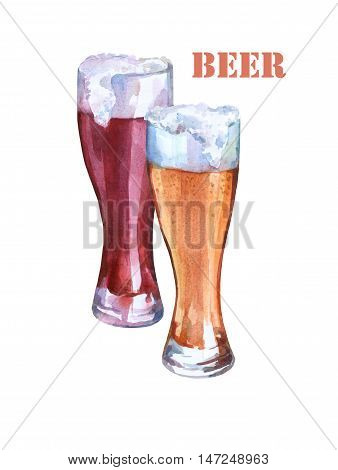 Glasses with light and dark beer. Watercolor illustration on white background. Concept of bar, pub, beer demonstration and Oktoberfest.