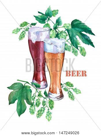 Glasses with light and dark beer. Branch green hops. Watercolor illustration on white background. Concept of bar, pub, beer demonstration and Oktoberfest.
