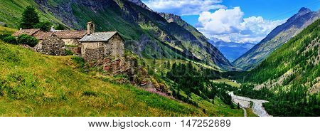 The old architecture and mountains on the panoramic view