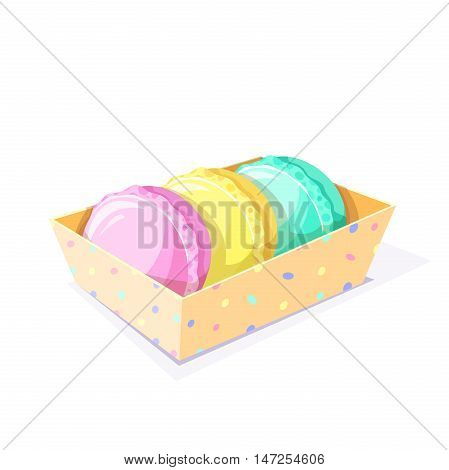 The gift box with three different colors delicious macaroons, tasty treat vector illustration