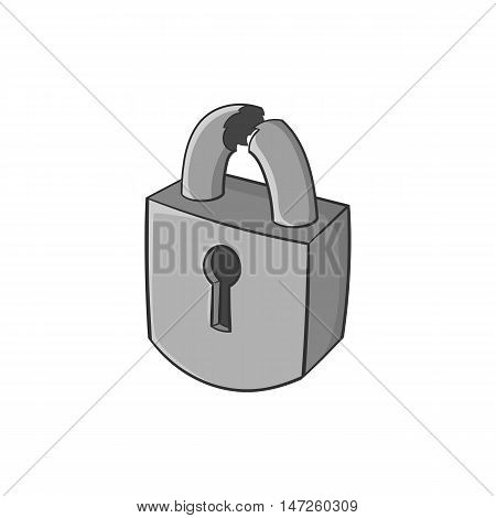 Broken lock icon in black monochrome style isolated on white background. Burglary symbol vector illustration