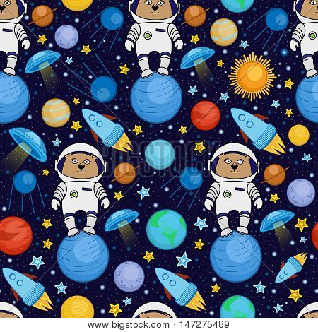 Colorful seamless cartoon space pattern with bear astronauts, rockets, planets, stars on starry night sky background, vector illustration. Cute and bright space travel seamless pattern