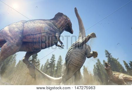 3D rendering of a pair of Tyrannosaurus Rex baiting an Alamosaurus to make a clumsy mistake.