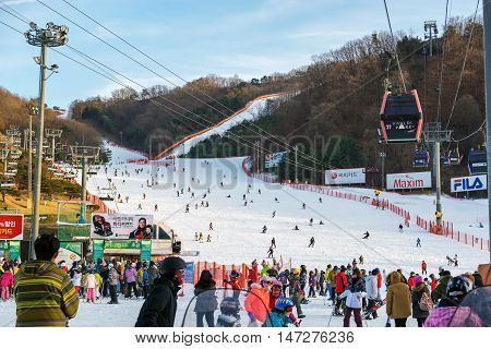 SoulKorea-Jan 42016: Skier both Koreans and foreigners to come skiing at Vivaldi Park Ski Resort on vacation in the winter every year.