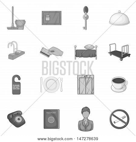 Hotel icons set in black monochrome style. Hotel accommodation services set collection vector illustration