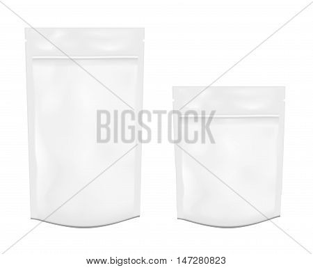White empty plastic packaging with zipper. Blank foil or plastic sachet for food or drink.