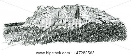 Hand drawn pencil sketch of a mountain landscape France Devoluy illustration isolated on white