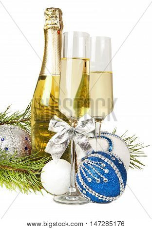 Champagne with two glasses and new year composition 2017 isolated
