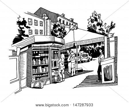 original black and white digital sketch of street cafe with people in center Kyiv, Ukraine town landscape, pleinair drawing, vector illustration