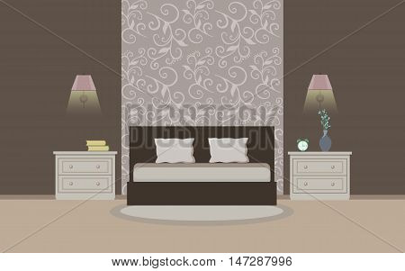 Bedroom interior. Modern bedroom interior with furniture. Flat style vector illustration