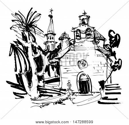 ink drawing of historic church in with palm in Budva Montenegro, old town travel vector illustration