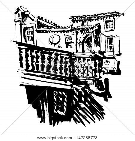 black and white sketching of old building in Budva Montenegro, old town travel vector illustration