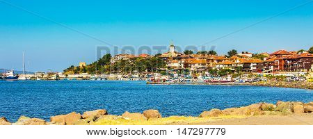 Nessebar, Bulgaria - July 25, 2016: Port, cruise boats and old town panorama in Nesebar in Bulgaria