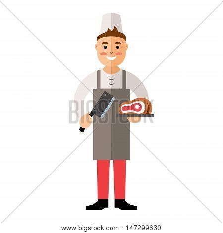 Friendly man holding knife and meat. Isolated on a white background
