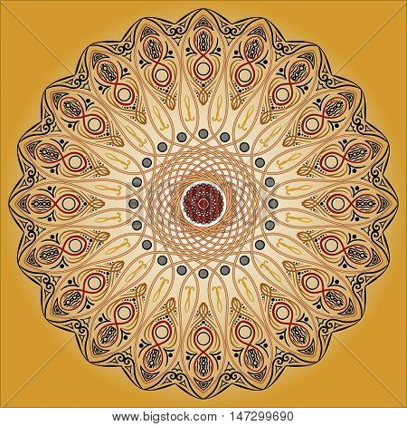 Flourish tiled beige floral geometric seamless pattern. Abstract oriental background. Wonderland ornament motifs of the paintings of arabic mandala. Arabic fabric pattern.